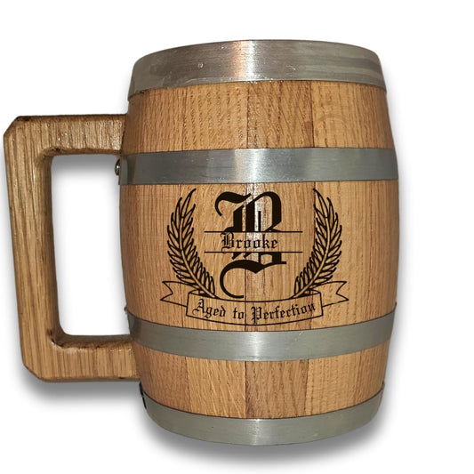 LAS VILLAS DESIGNS Personalized Oak Wood Barrel Beer Mug Tankard with Stainless Steel Interior - Engraved with Your Name - WoodArtSupply