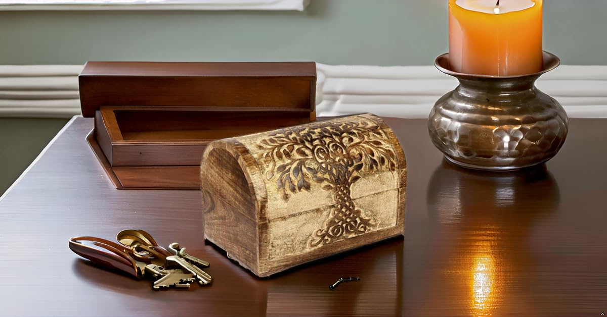 Great Birthday Gift Ideas Handmade Decorative Wooden Jewelry Box With Tree of Life Carvings Jewelry Organizer Keepsake Box Treasure Chest Trinket Holder Watch Box Storage Lock Box The Great Indian Bazaar
