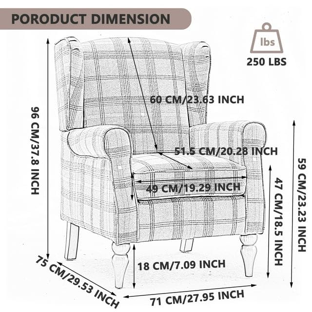 PATIOPTION Modern Accent Chair with Retro Wood Legs, Comfy Upholstered Armchair,Tantan Check Design Single Sofa Chair for Living Room Bedroom Office - Natural PATIOPTION