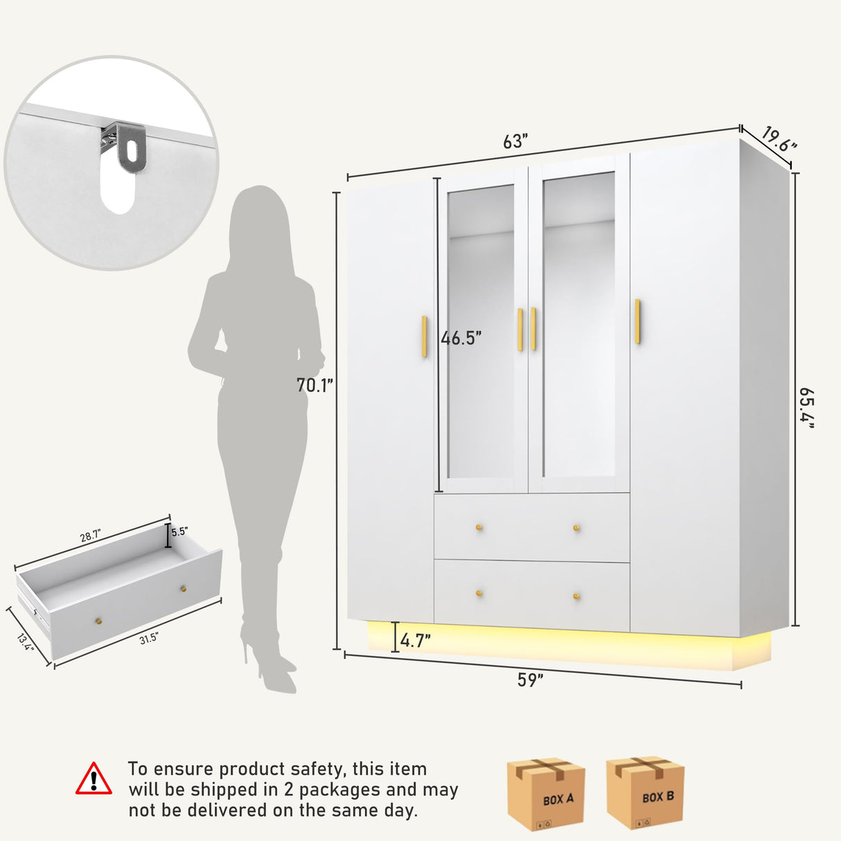 jiteentarou 4 Door Wardrobe Closet with Mirrors and LED Lights, Bedroom Armoire with Drawers and Shelves, Modern Wooden Armoire Wardrobe Closet with Hanging Rod for Bedroom, White jiteentarou