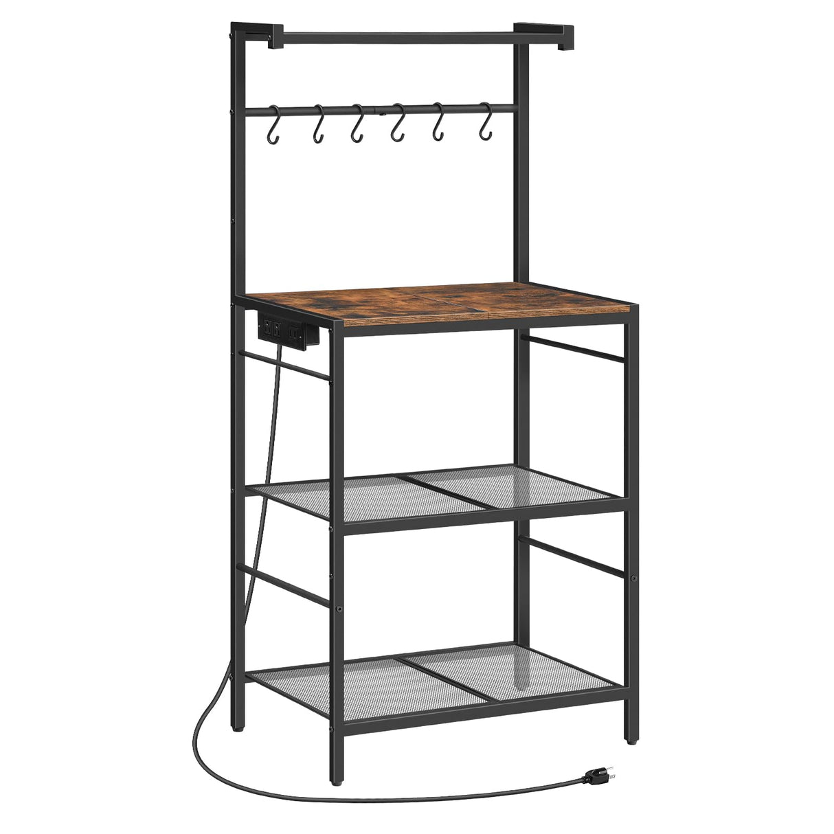 MAHANCRIS Bakers Rack with Charging Station, Microwave Stand with 6 S-Shaped Hooks, 4-Tier Storage Rack, Practical Coffee Bar, for Kitchen, Dining Room, Rustic Brown BRHR35E01 MAHANCRIS
