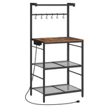 MAHANCRIS Bakers Rack with Charging Station, Microwave Stand with 6 S-Shaped Hooks, 4-Tier Storage Rack, Practical Coffee Bar, for Kitchen, Dining Room, Rustic Brown BRHR35E01 MAHANCRIS