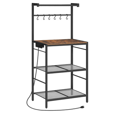 MAHANCRIS Bakers Rack with Charging Station, Microwave Stand with 6 S-Shaped Hooks, 4-Tier Storage Rack, Practical Coffee Bar, for Kitchen, Dining Room, Rustic Brown BRHR35E01