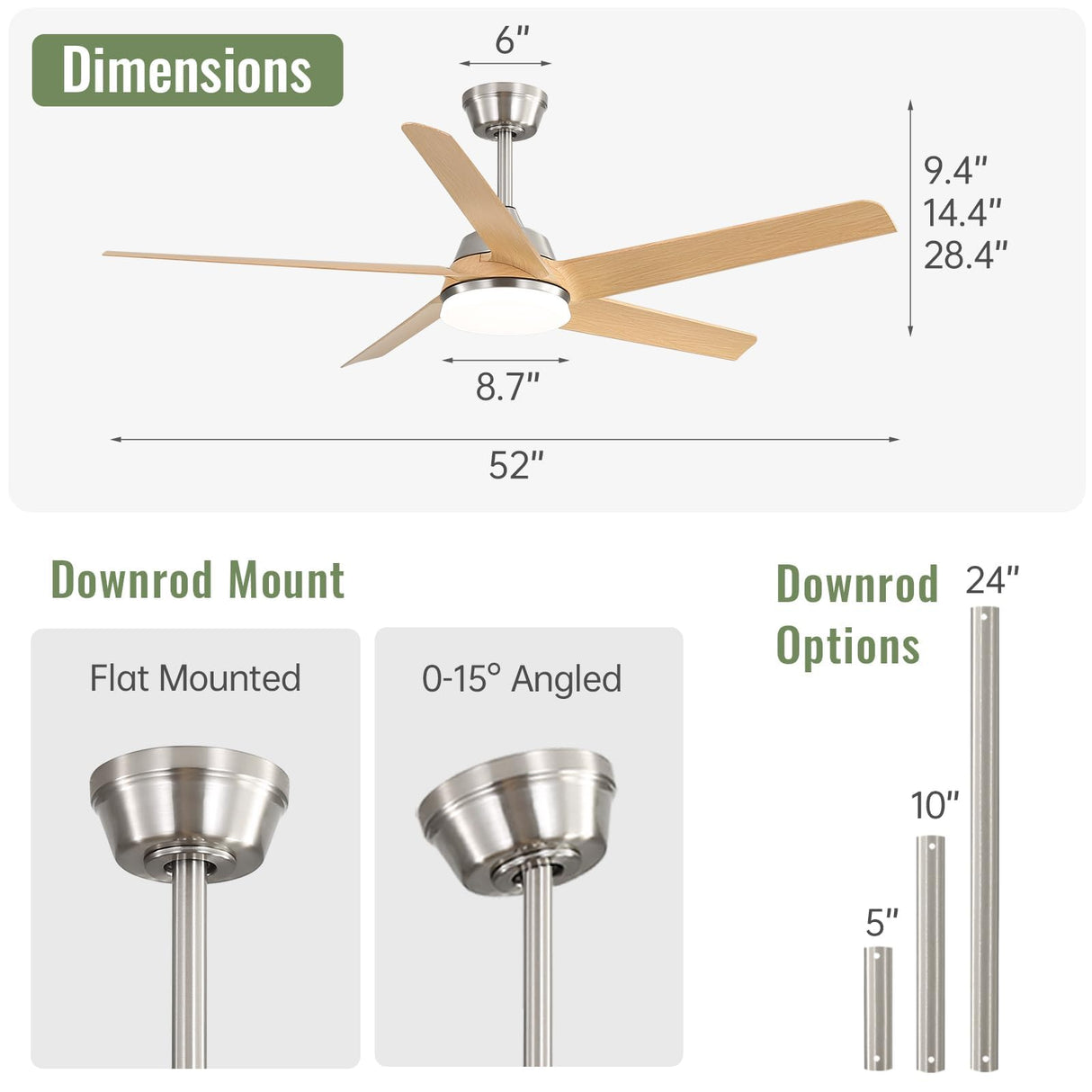 Sofucor 52 Inch Ceiling Fans with Lights and Remote, 7000 CFM 5 Blades Low Profile Ceiling Fan, Modern LED Ceiling Fans for Bedroom Living Room Outdoor, Reversible, Noiseless, Light Wood Grain Sofucor