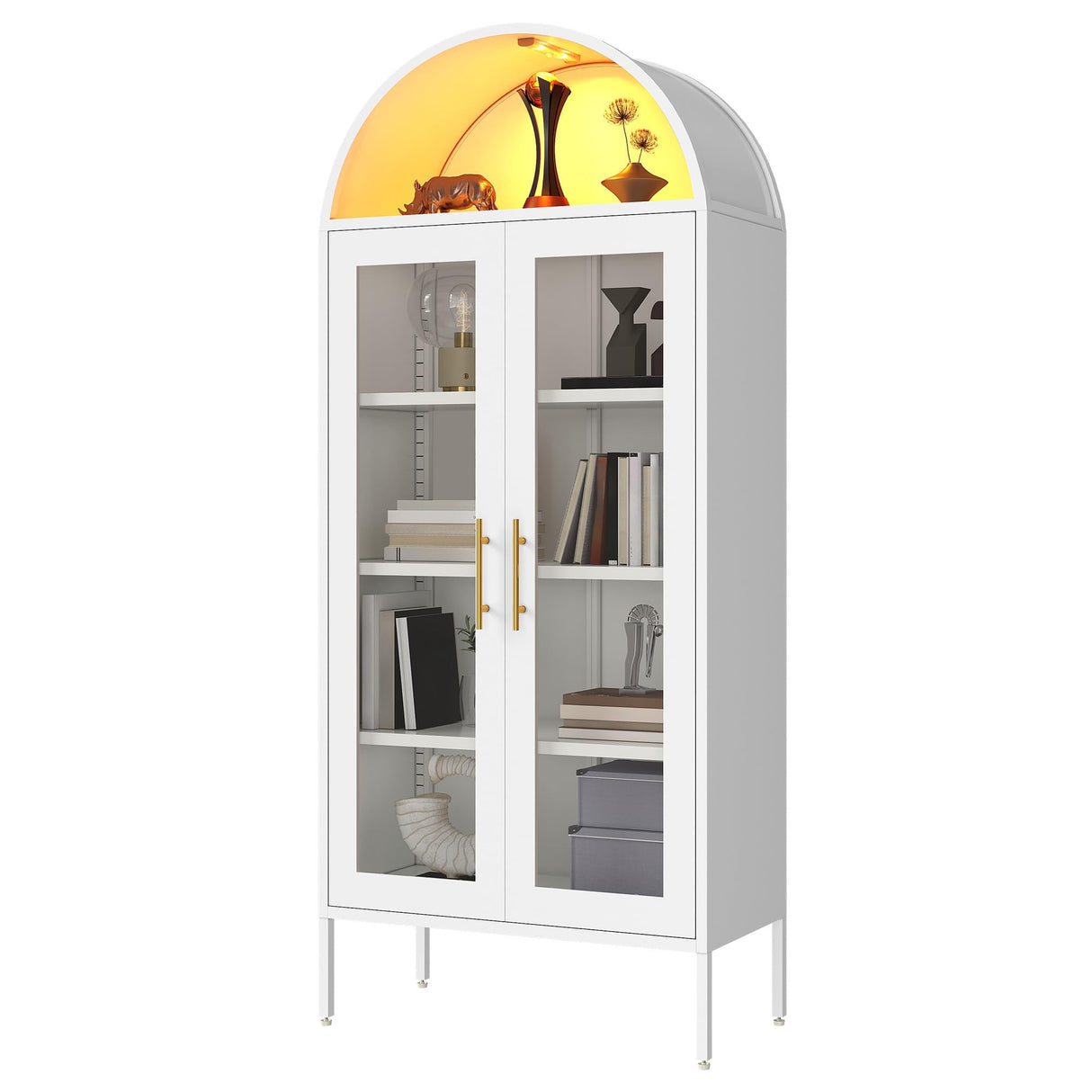 DWVO Arched Display Cabinet with Glass Doors, 71" Tall Storage Organizer Cabinet with Adjustable Shelves, Curio Cabinet with LED Lights, 5 Tier Bookcase for Collectibles Living Room Office, White DWVO