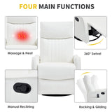 Trustyue Swivel Rocker Recliner Chair, 360° Swivel Recliner with Heat and Massage, Rocker Recliner Upholstered Fabric Nursery Glider Recliner Chair with Side Pockets for Living Room PU White Trustyue