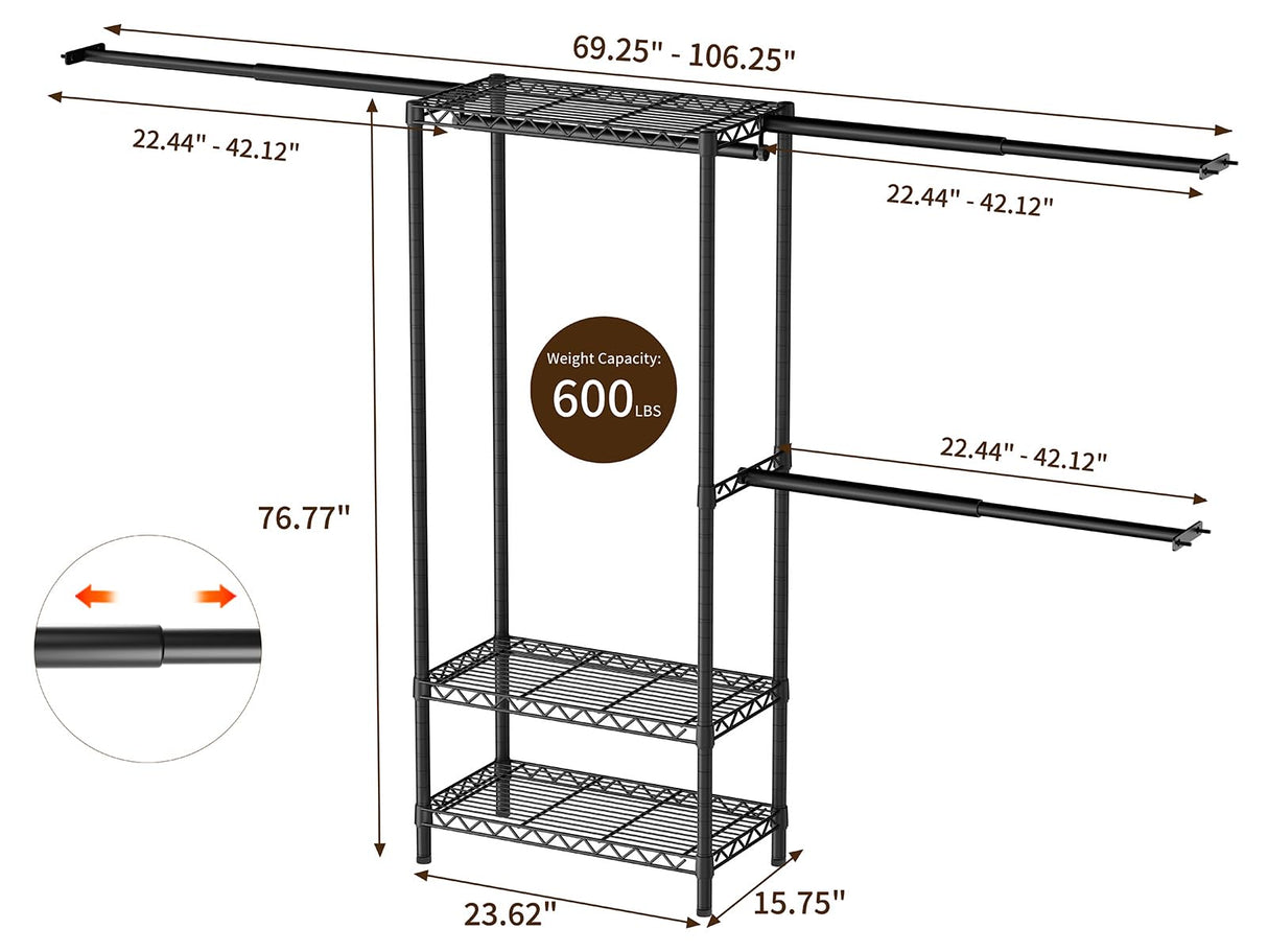 Golpart Closet Storage Organizer System,Expandable Wall Mounted Clothes Rack,3 Tiers Heavy Duty Metal Garment Rack with 3 Extendable Hanger Rods,Fits Space 5.7~8.8ft Width,76.77" H x 15.75" D Golpart