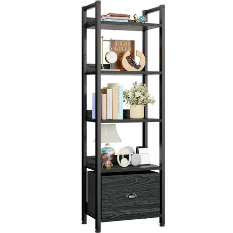 Furologee 5 Tier Bookshelf with Drawer, Kitchen Bakers Rack with Storage, Tall Narrow Bookcase, Industrial Free Standing Display Shelf, Wood and Metal Book Shelf for Bedroom, Living Room, Black Furologee