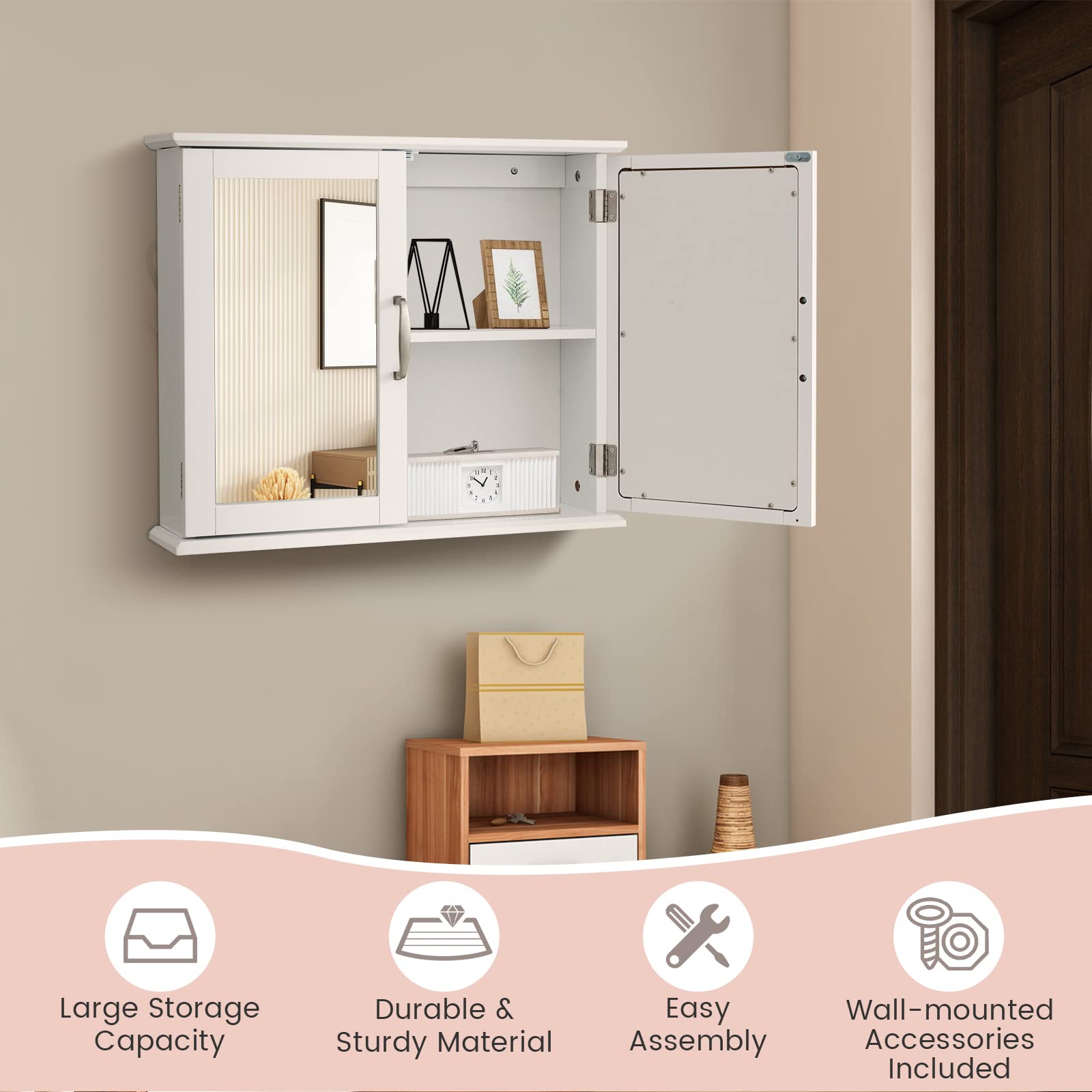 Tangkula Medicine Cabinet with Mirror, Bathroom Wall Mounted Mirror Cabinet with Double Mirror Doors, Bathroom Mirror with Storage Cabinet, 23.5 x 5.5 x 19.5 Inches (White) - WoodArtSupply