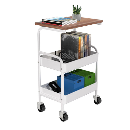 HIDODO Rolling Cart with Wooden Tabletop, 3 Tier Metal Utility Cart, Rolling Storage Organizer Cart with Lockable Wheels for Kitchen, Office, Bedroom (White)