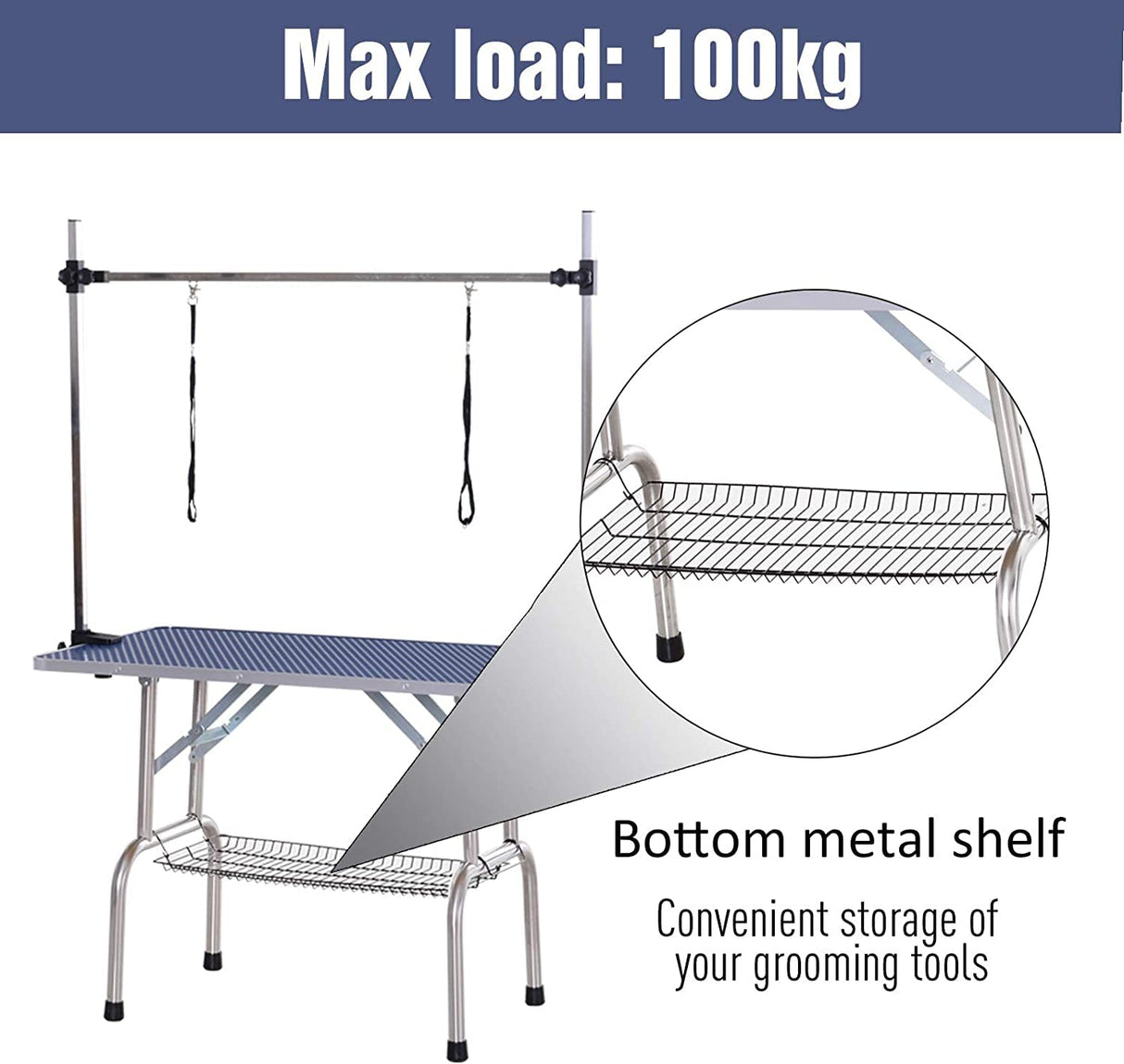 EPIKOIB Pet Dog Grooming Table, Foldable Stainless Steel Pet Drying Grooming Table Up to 330lbs, Professional Bathing Desk for Dogs at Home with Adjustable Overhead Arms, Noose, Mesh Tray, 36''/Blue EPIKOIB