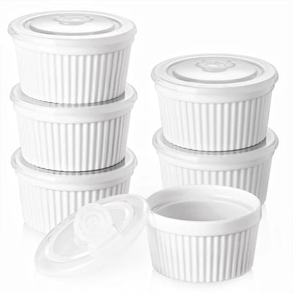 DOWAN Ramekins 8 oz Oven Safe with Lids, Creme Brulee Ramekins Bowls, Porcelain Ramiken Souffle Dishes, Custard Cups for Baking, Small Bowls for Pudding Dip Sauces Charcuterie Dessert, White, Set of 6