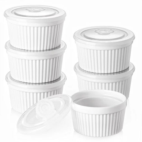 DOWAN Ramekins 8 oz Oven Safe with Lids, Creme Brulee Ramekins Bowls, Porcelain Ramiken Souffle Dishes, Custard Cups for Baking, Small Bowls for Pudding Dip Sauces Charcuterie Dessert, White, Set of 6 DOWAN