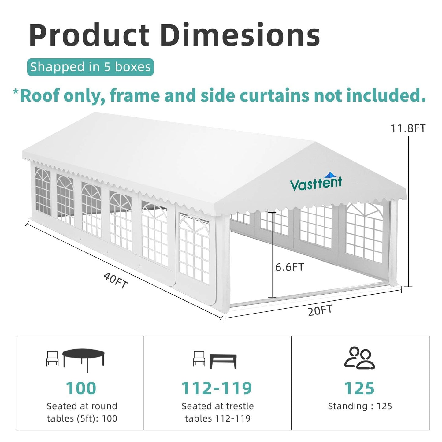 VASTTENT 20x40ft Party Tent Top Replacement Cover for Wedding, Outdoor Events, Roof Only(White)