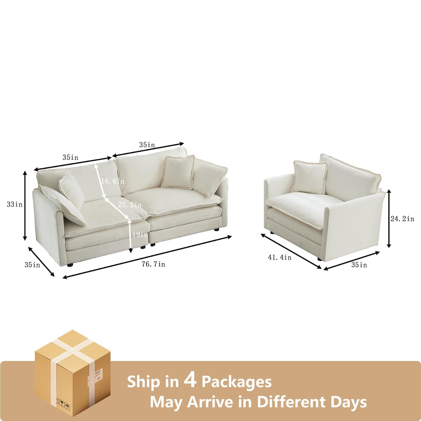 Tmsan 2 Piece Chenille Cloud Couches Set, Modern Deep Seat Loveseat and Single Sofa Chair Set Living Room Furniture Set for Bedroom Apartment Office