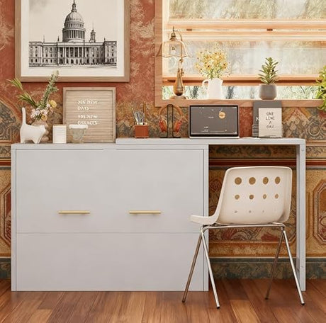 Bellemave Twin Size Murphy Bed, Cabinet Bed with Desk, Farmhouse Murphy Cabinet with Desk, Noisy Free, for Guest Bedroom, Living Room, Office, Gray Bellemave