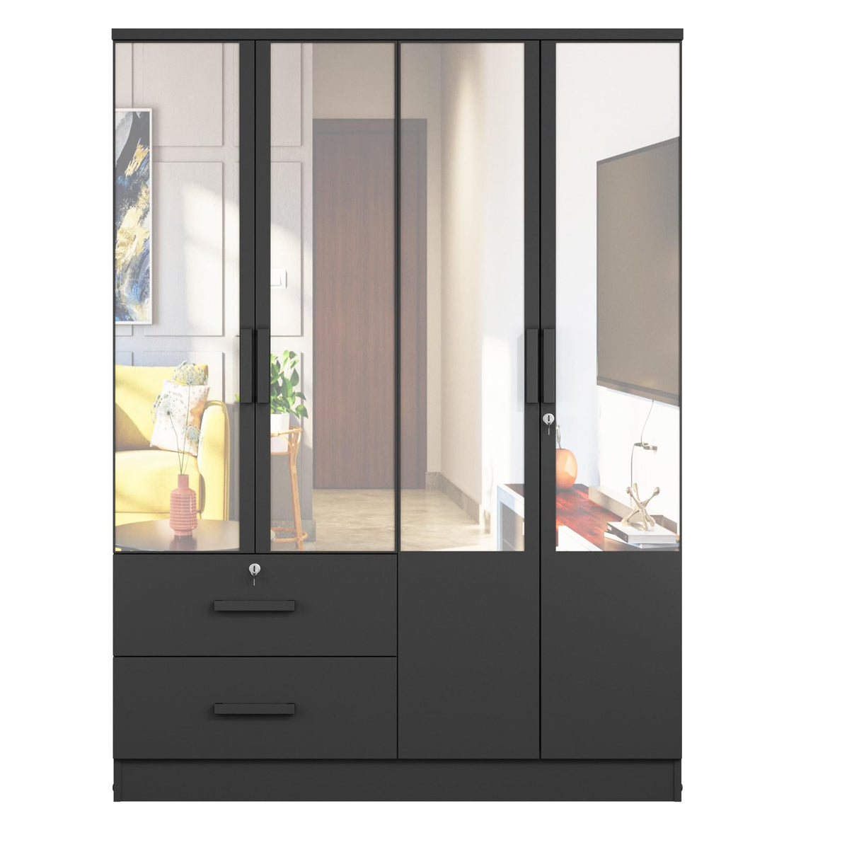 Woodpeckers Furniture And Mattress 4 Mirrored Doors Wardrobe 2 Drawers with Shelves 72 high (4 Mirrors, Black) Woodpeckers Furniture And Mattress