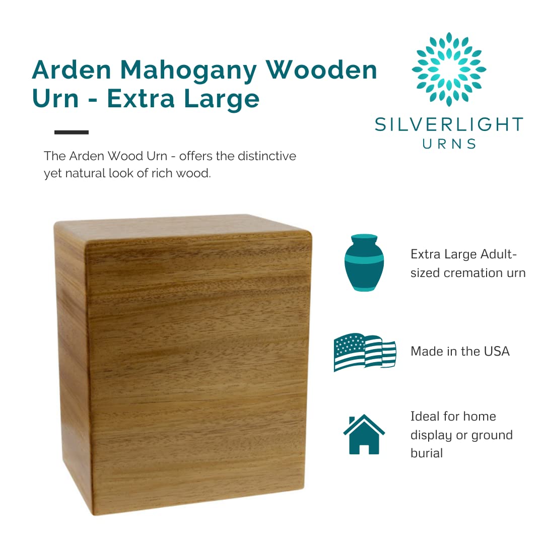 Arden Mahogany Wooden Cremation Urn, Extra Large Size Adult Wood Box, Capacity for up to 220 lbs Ashes for a Man or Woman, Ground Burial, Home or Funeral Memorial Cremation Urn for Ashes Silverlight Urns