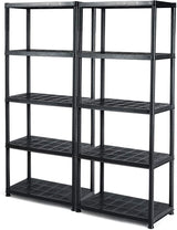 LDAILY 5 Tier Plastic Storage Shelves, Easy to Assemble Garage Rack, Multi-Use Free Standing Shelf Unit, Heavy Duty Shelving for Home Office, Black(2, 28“L X 15”W X 67“H) LDAILY
