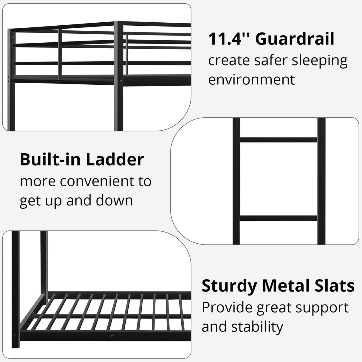 INCLAKE Full Over Full Bunk Bed, Heavy Duty Metal Bunk Bed Frame with Built-in Ladder and Safety Guard Rail, Low Bunk Bed for Teens Adults, Noisy Free & No Box Spring Needed, Black INCLAKE
