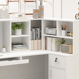 Homsee Reception Desk L-Shaped Office Desk with Counter, 1 Door Storage Cabinet, 1 Lockable Drawer, Hutch Shelf & Keyboard Tray, White Homsee