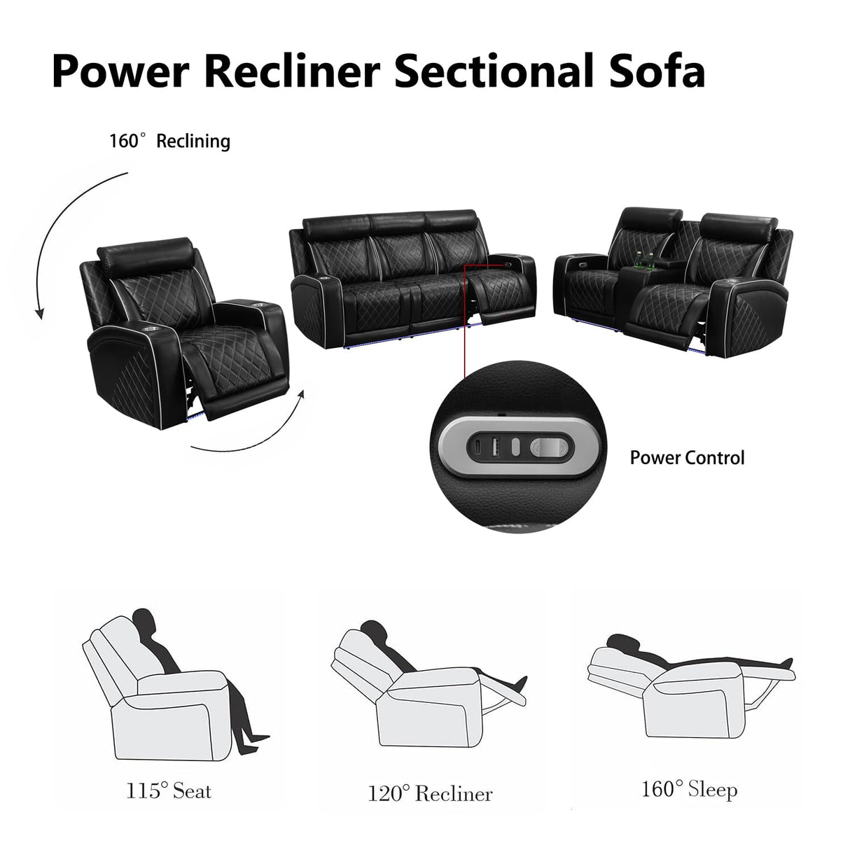 Breathing Leather Power Recliner Sofa Set Living Room Furniture Reclining Couch with LED Light/Cup Holder/USB Ports for Home Theater (3 Piece Leather Couch, Black) Plithzy