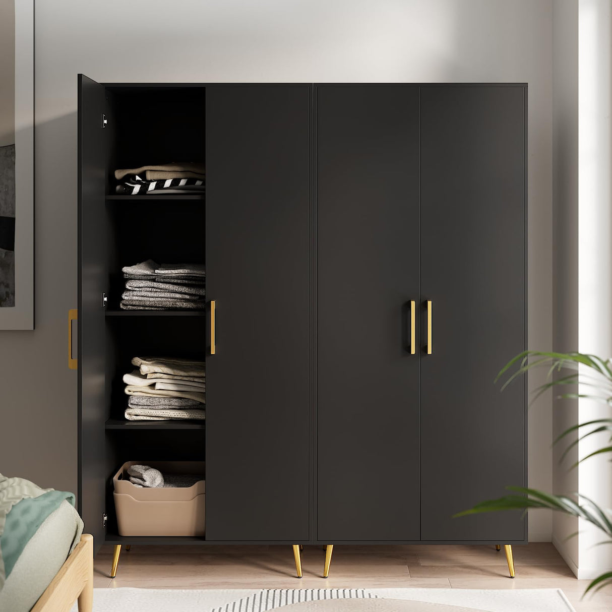 NOVAMAISON 69” Tall Storage Cabinet - Black Storage Cabinet w/ 2 Doors and Adjustable Shelves, Freestanding Kitchen Pantry w/Gold Handles and Legs, Wooden Wardrobe Cabinet for Bedroom, Laundry NOVAMAISON