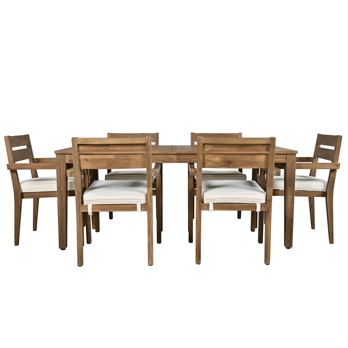 Quarte Farmhouse 7 Piece Acacia Wood Outdoor Dining Table Set with 1 Rectangular Table and 6 Upholstered Chairs,for Patio Lawn Garden Backyard Balcony (Burly Wood&H) - WoodArtSupply