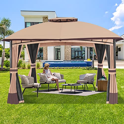 10’x 12’ Outdoor Gazebo, Double Roof Patio Gazebo with Netting and Curtains, Metal Frame Outdoor Patio Canopy for Deck Backyard Garden Raysfung
