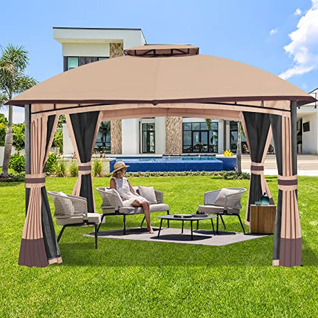 10’x 12’ Outdoor Gazebo, Double Roof Patio Gazebo with Netting and Curtains, Metal Frame Outdoor Patio Canopy for Deck Backyard Garden Raysfung