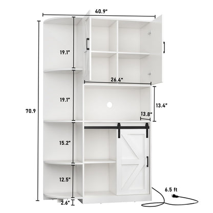 Hlivelood 71" Farmhouse Kitchen Pantry Storage Cabinet with Power Outlet and Light, Freestanding Hutch Cabinet with Doors & Microwave Shelf, Coffee Bar, Cupboard for Dining Room, White