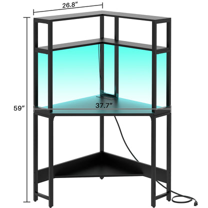 Cyclysio Mini Corner Desk with Hutch, Corner Gaming Desk with LED Light, Corner Computer Desk with Power Outlets, Triangle Corner Desk for Small Space, Home Office, Workstation, Black - WoodArtSupply