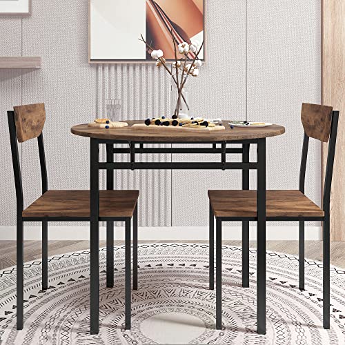 P PURLOVE 3 Piece Drop Leaf Dining Table Set,Solid Wood Kitchen Table and Chair Set of 2,Farmhouse Round Table and 2 Chairs for Small Places,Apartment,Kitchen P PURLOVE