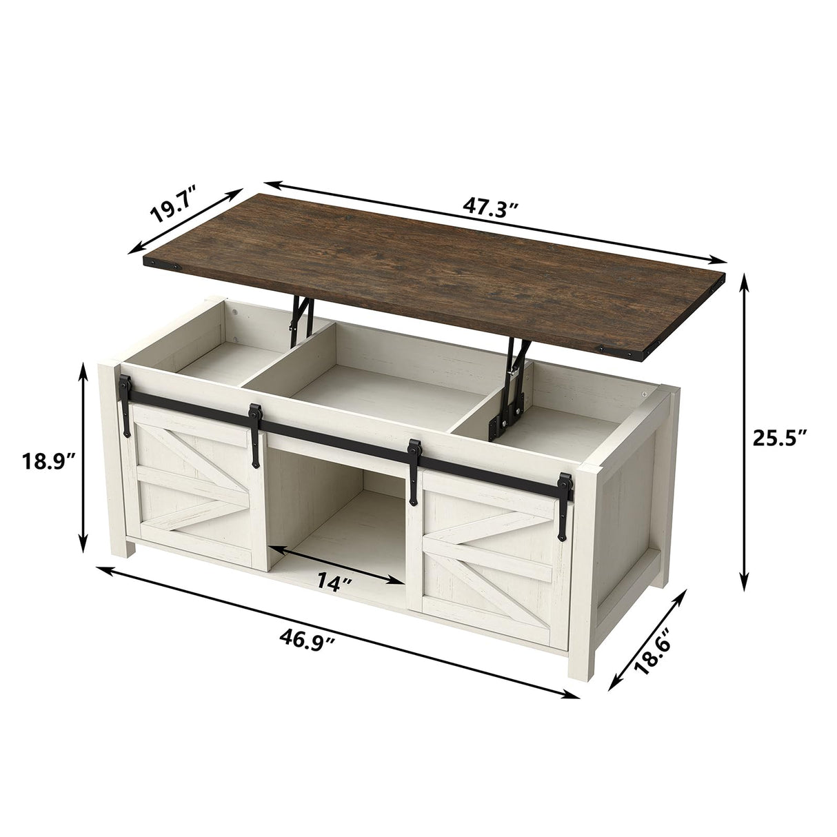 Furnihold Coffee Table 47.3'' Lift Top Coffee Table with Storage, Modern White Coffee Table with Sliding Barn Doors, Farmhouse & Rustic Rectangle Center Table for Living Room, Office, Brown Top Furnihold