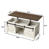Furnihold Coffee Table 47.3'' Lift Top Coffee Table with Storage, Modern White Coffee Table with Sliding Barn Doors, Farmhouse & Rustic Rectangle Center Table for Living Room, Office, Brown Top Furnihold