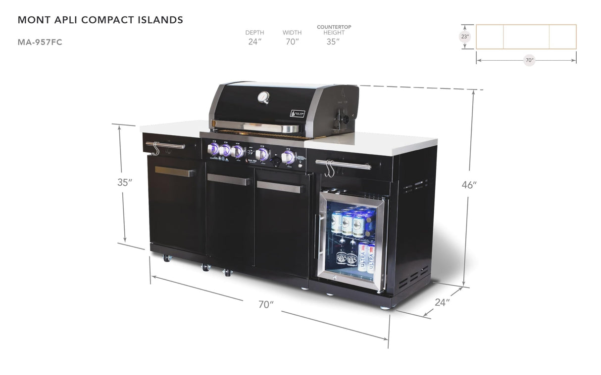 Mont Alpi MA-957FC 5-Burner 63000 BTU Black Stainless Steel Outdoor Kitchen Bar Gas Barbecue Island Grill with Infrared Rear Burner + Fridge Cabinet + Rotisserie Kit & Full Weather Cover Mont Alpi