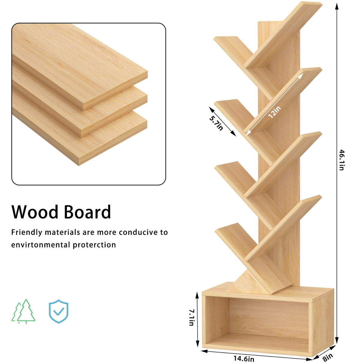 SHEEPAM 9 Tier Tree Bookshelf,Christmas Green Bookcase for Narrow Space, Storage Organizer Floor Standing Bookshelves for Books, Tall Book Case for Home Office, Living Room, Bedroom SHEEPAM