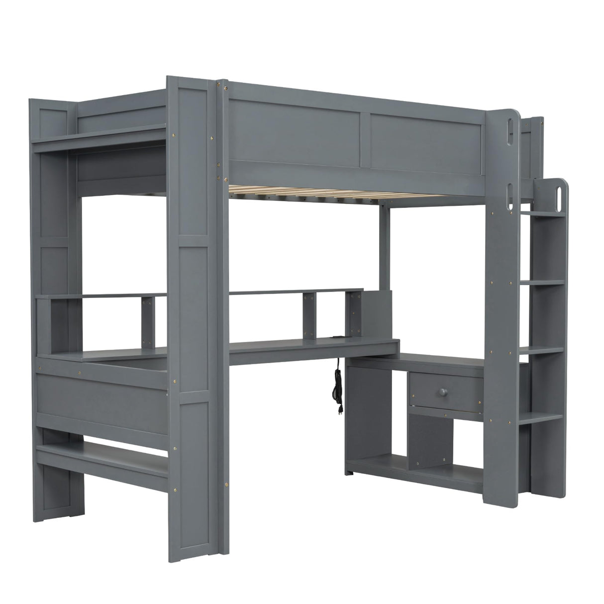 Twin Size Loft Bed - Wooden Gaming Loft Bed with Desk, Storage Shelves, Cabinets, Drawer, LED & Charging Station, Heavy Duty Bed Frame with Safety Guardrails for Bedroom Dormitory Guest Room, Grey Ibraccieni