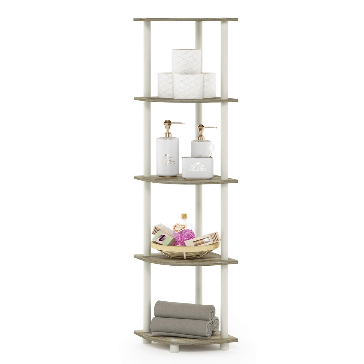 Furinno Turn-N-Tube 5 Tier Corner Display Rack Multipurpose Shelving Unit, 1-Pack, Sonoma Oak/White Furinno