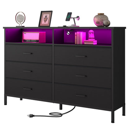 Dresser for bedroom, Black Bedroom Dresser with LED Lights and Charging Station, 6 Long Drawers Dresser, Tall Wide Fabric Chest of Drawers Storage Organizer TV Stand for up to 60" TV for Livi - WoodArtSupply