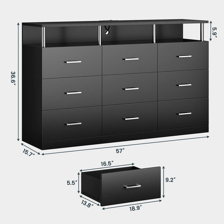 AOGLLATI Black Dresser for Bedroom with 9 Drawers, Dressers & Chests of Drawers with Column Design & Charging Station,Modern Bedroom Led Wide Long Dresser Storage Organizer for Living Room,Black AOGLLATI