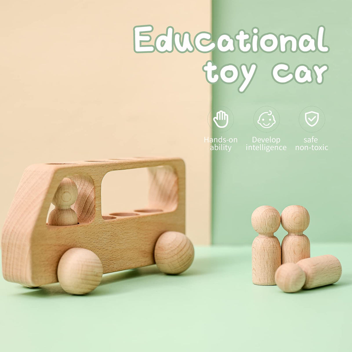 4 Wooden Figures in The Bus - Peg Dolls Unfinished Wooden Peg People Cars Wooden Figures Shape Preschool Learning Educational Toys Montessori Toys for Toddlers WOODEN TEETHER