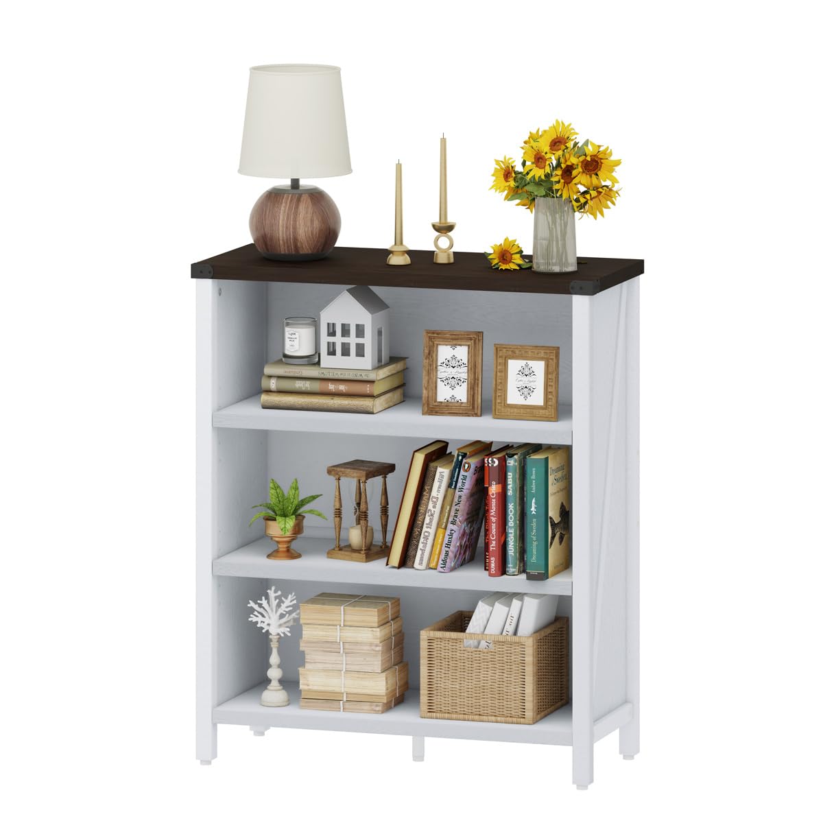 BON AUGURE Bookshelf, 3 Shelf Bookcase, Farmhouse Wooden Book Cases/Shelves, Floor Small Storage Book Shelves for Home Office, Living Room, Bedroom (White Oak and Walnut Brown) BON AUGURE