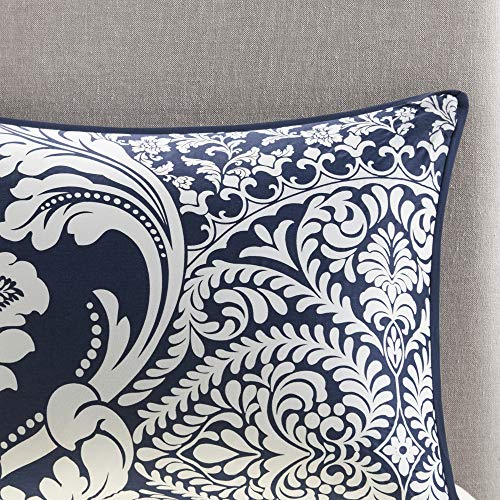 Madison Park Vienna Cotton Poly Blend Duvet Set - Classic Traditional Design, Cozy All Season Comforter Cover, Matching Shams, Decorative Pillows Vienna, King/Cal King(104"x92"), Indigo 6 Piece Madison Park