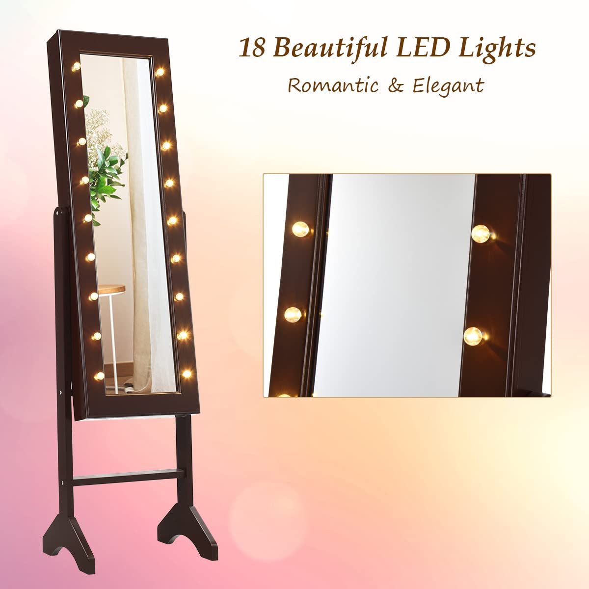 Giantex Standing Jewelry Armoire with 18 LED Lights Around the Door, Large Storage Mirrored Jewelry Cabinet with Full Length Mirror, 16 Lipstick Holders, 1 Inside Makeup Mirror (Brown) Giantex