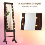 Giantex Standing Jewelry Armoire with 18 LED Lights Around the Door, Large Storage Mirrored Jewelry Cabinet with Full Length Mirror, 16 Lipstick Holders, 1 Inside Makeup Mirror (Brown) Giantex
