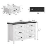 DWVO Farmhouse Wooden Dresser TV Stand with Power Outlet, 6-Drawer Dresser with Large Storage Drawers and Bar Handles, Ideal for Living Room, Hallway, 47.2" L x 15.7" W x 33.4" H - White & Black DWVO