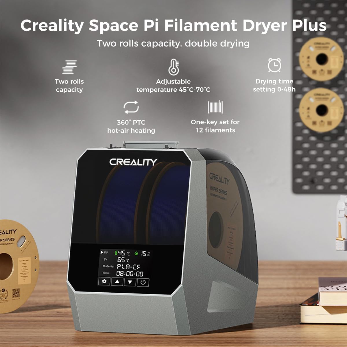 2024 Official CREALITY Space Pi Filament Dryer Plus, 2 Spools 360° 160W PTC Fast Heating 3D Printer Filament Dryer Box, 4'' LCD Touch Screen, One-Key Set 3D Filament Dehydrator for PLA PETG ABS TPU Creality