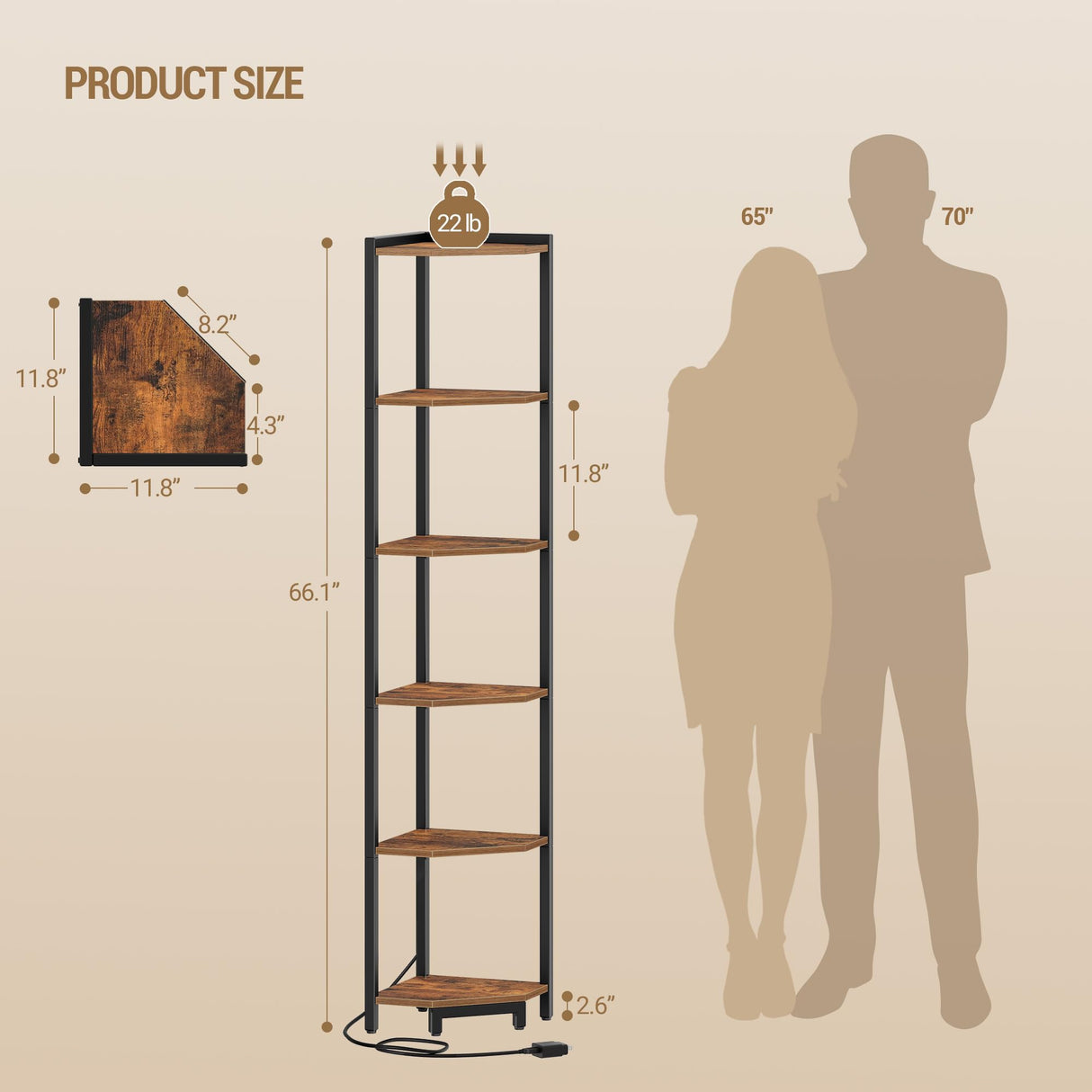 Hzuaneri Corner Shelf with LED Light, 6-Tier Corner Bookshelf, Tall Narrow Display Bookcase with Metal Frame, Standing Shelf for Small Space, Living Room, Home Office, Bedroom, Rustic Brown CS66601B Hzuaneri