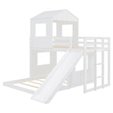 Harper & Bright Designs House Bunk Bed with Slide,Wood Twin Over Full Bunk Bed with Roof,Ladder & Safety Guardrail,Floor Bunk Loft Bed for Kids,Teens,No Box Spring Needed, White Harper & Bright Designs